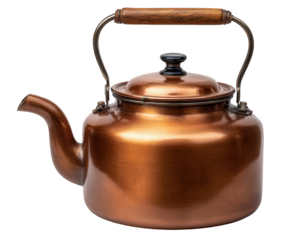 Charming vintage copper teapot with wooden handle for warm feeling. An old retro kettle and antique kitchenware object for hot beverage, isolated for design