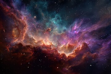 Fototapeta premium Stunning cosmic landscape with vibrant gas clouds in purple, blue, and orange hues, featuring twinkling stars for depth and allure, showcasing the universe's grandeur and mystery