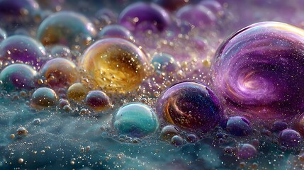 Mesmerizing abstract photograph of countless iridescent, rainbow-colored soap bubbles floating in a cosmic void, some containing swirling galaxies.