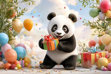 Celebrating with a happy panda surrounded by colorful balloons and gifts in a festive environment