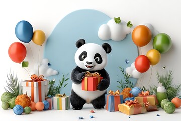 Playful panda celebrating with gifts festive background 3d illustration cheerful atmosphere colorful decor