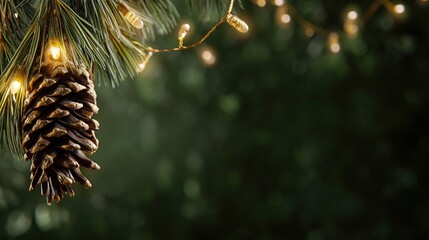 Close-up of Christmas tree branch with pine cones and glowing lights on light background with copy space, creating a warm festive vibe, suitable for banner design and holiday-themed creative projects.