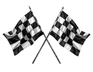 Two crossed checkered flags waving symbolizing victory and finish line in motorsports isolated on transparent background
