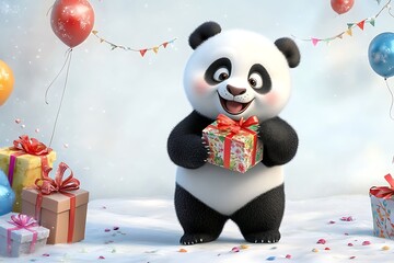 Celebratory panda holding gift festive setting digital illustration joyful atmosphere adorable perspective