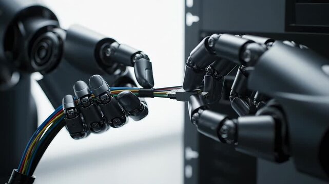 Advanced Robotic Hands Connecting Cables in a High-Tech Environment with Sleek Metallic Finish
