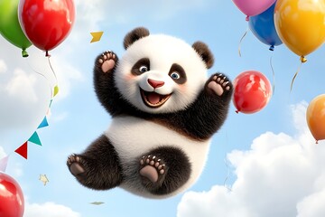 Celebrating joyful panda with balloons outdoor festivity digital art vibrant sky playful spirit