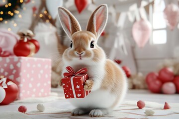Adorable rabbit holding gift in festive indoor setting holiday decor cute animal photography cozy atmosphere