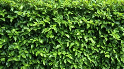 The hedge is densely packed with lush green leaves, creating a thick and dense barrier. The leaves are vibrant and healthy, giving the hedge a lush and vibrant appearance
