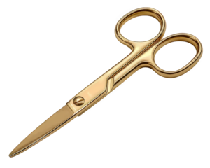 Elegant golden embroidery scissors, shiny metallic craft tool for cutting. This sharp, isolated classic instrument for sewing and tailoring has luxurious feel