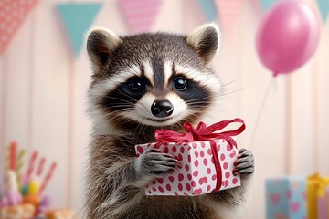 Cute raccoon celebrating birthday with gift festive party setting photography indoor close-up joyful concept