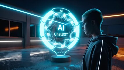 Interacting with holographic ai chatbot interface. Woman reaches toward hologram. Neon reflects on wet floor. Futuristic cyberpunk technology fills interior. Ambient neon glow enhances visual mood. - Powered by Adobe