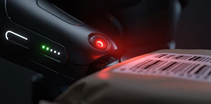 High-Tech Delivery Robot Scanning Package with Red Laser Light in Dimly Lit Environment
