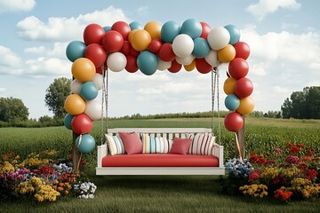 Colorful balloon swing with cushions open field photographic art bright day scenic view relaxation concept
