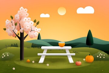 Relaxing picnic scene at sunset nature landscape illustration peaceful environment outdoor viewpoint