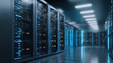 A vast data center filled with rows of server racks that are illuminated with blue lights highlighting a network of advanced technology in a well-organized space.