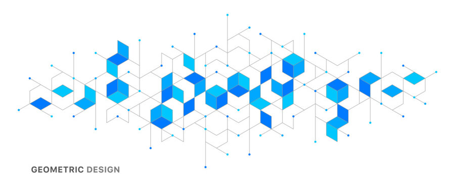 Abstract geometric 3D cube structure with connected lines and dots on white background