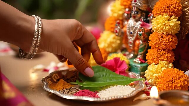 Woman Performing Traditional Hindu Puja with Betel Leaf and Flowers.