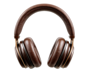 Retro brown leather headphone for vintage music and audio listening. classic, luxurious gadget with nostalgic feel, isolated on transparency background for any project