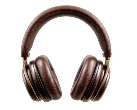 Retro brown leather headphone for vintage music and audio listening. classic, luxurious gadget with nostalgic feel, isolated on transparency background for any project