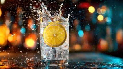 A glass filled with sparkling water and a slice of lemon drops into a colorful bar scene. Water splashes as the drink is enjoyed capturing a lively moment of relaxation.