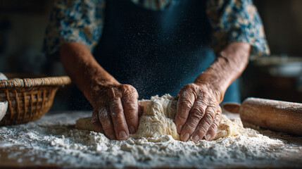 A close up of wrinkled hands kneading dough on a floured surface in a kitchen area