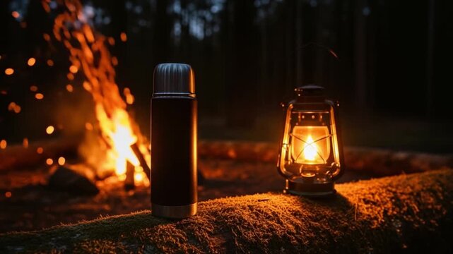 Cozy campfire scene with thermos and lantern at night in forest with glowing embers and bokeh lights for outdoor adventure and