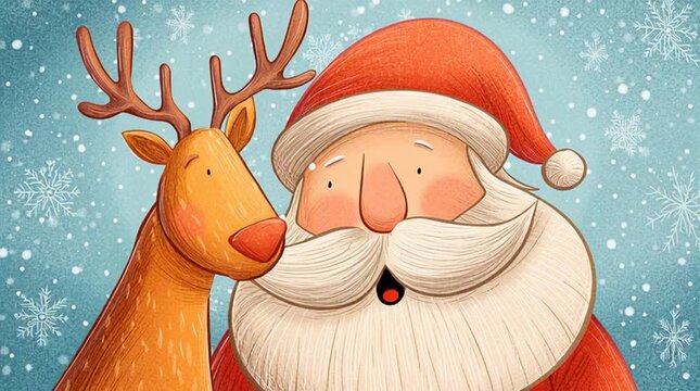 Cartoon jolly St. Nick in red hat with reindeer, festive Christmas background, digital art style, colorful, cheerful, playful holiday animation, high-resolution winter festive