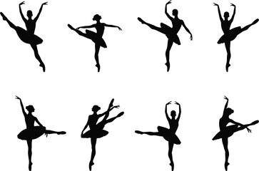 Black ballet dancer silhouettes in elegant poses wearing tutus, showcasing classical dance movements for artistic, educational, and design purposes.