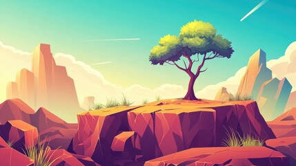 A solitary tree on a clifftop in a rocky landscape with a blue sky and clouds