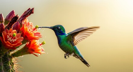 Fototapeta premium Iridescent Hummingbird Feeding on Red Cactus Flowers — Wildlife