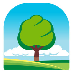 Green tree icon in a scenic landscape vector, representing a natural orchard or fruit farm under blue sky.