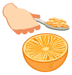 Hand holding spoon icon vector, scooping orange pulp, symbolizing fresh juice texture or natural fiber.