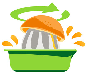 Manual orange juicer icon vector, showing citrus squeezing with splashes for fresh homemade juice.
