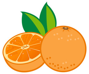Whole and sliced oranges icon vector with green leaves, representing freshness and natural vitamin source.