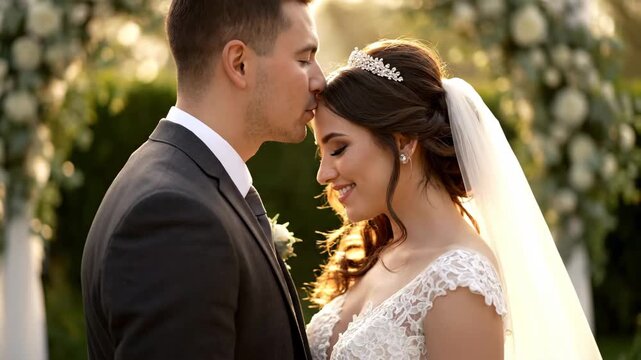 Groom Kissing Bride's Forehead on Wedding Day - A groom gently kisses his bride's forehead on their wedding day, a tender moment captured in soft golden light.
