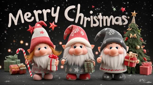 3D gnome family holding gifts, cartoon-style Christmas scene with tree, &ldquo;Merry Christmas&rdquo; text, vibrant colors, candy canes, stars, festive lights, snowflakes against black sky, cheerful holiday card 