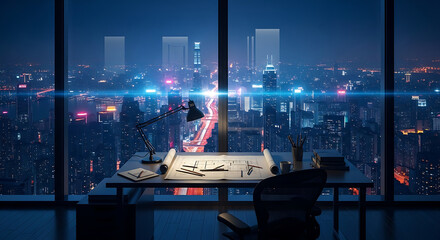 Nighttime High Rise Office with Blueprint Drafting Table Overlooking Illuminated City Skyline