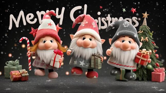 3D gnome family holding gifts, cartoon-style Christmas scene with tree, &ldquo;Merry Christmas&rdquo; text, vibrant colors, candy canes, stars, festive lights, snowflakes against black sky, cheerful holiday card 