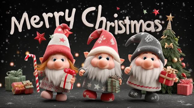 3D gnome family holding gifts, cartoon-style Christmas scene with tree, &ldquo;Merry Christmas&rdquo; text, vibrant colors, candy canes, stars, festive lights, snowflakes against black sky, cheerful holiday card 