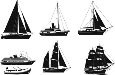Black Silhouette Collection of Boats and Ships Including Sailboats, Steamship, Cruise Ship, Schooner, Tall Ship, and Maritime Vessel Icons