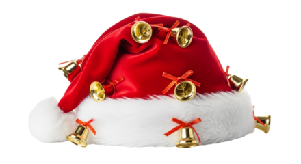 Santa hat decorated with golden bells isolated on transparent background for christmas