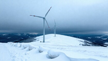Winter Windmills on Snowy Ridge: A landscape of renewable energy unfolds as colossal windmills stand sentinel atop a snow-covered mountain ridge.