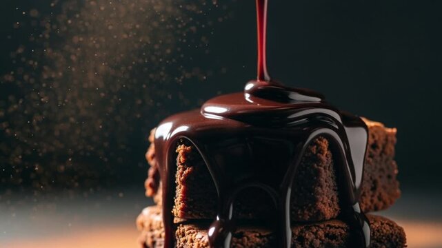 Decadent chocolate sauce cascading over rich moist brownies creating a mouthwatering dessert scene with shimmering cocoa dust