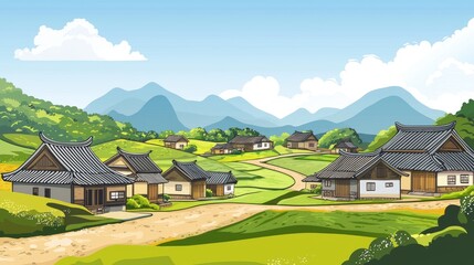 A quaint Asian village nestled in rolling hills under a blue sky