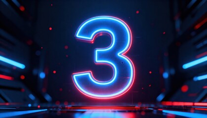 Illuminated 3 Neon Design: A vibrant, glowing 3 against a dark, futuristic background, creating a sense of countdown and digital aesthetic. 