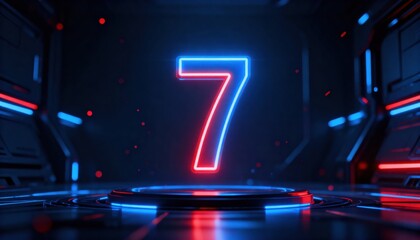 Neon Digit Seven in Futuristic Setting: An electric '7' glows with radiant red and blue neon light, centrally positioned against a sleek, futuristic backdrop that adds a dynamic feel.