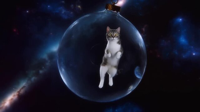 A cat floats in zero gravity inside a giant christmas ball ornament in outer space, conveying a surreal cosmic celebration.