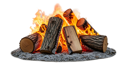 Realistic artificial logs with vibrant orange flames and glowing embers on a bed of grey pebbles