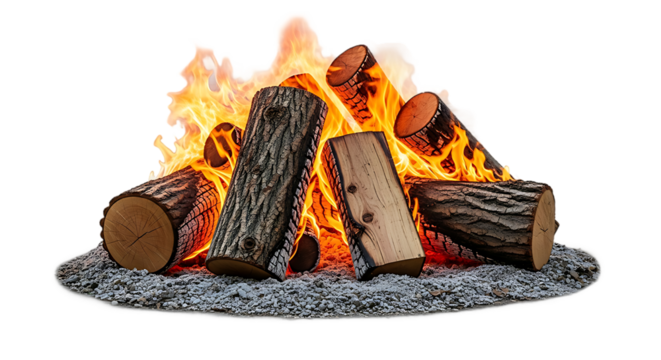 Realistic artificial logs with vibrant orange flames and glowing embers on a bed of grey pebbles