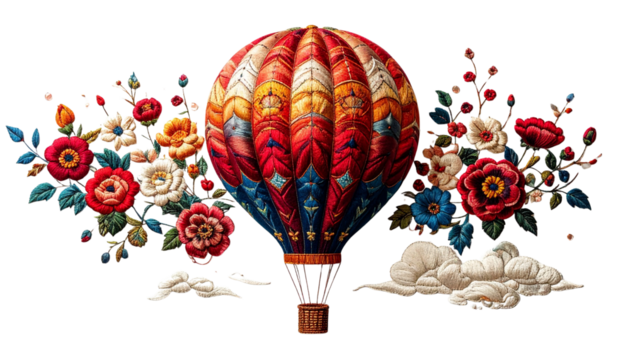 The balloon in embroidery style needlework textile pattern. isolated on solid white background in Png